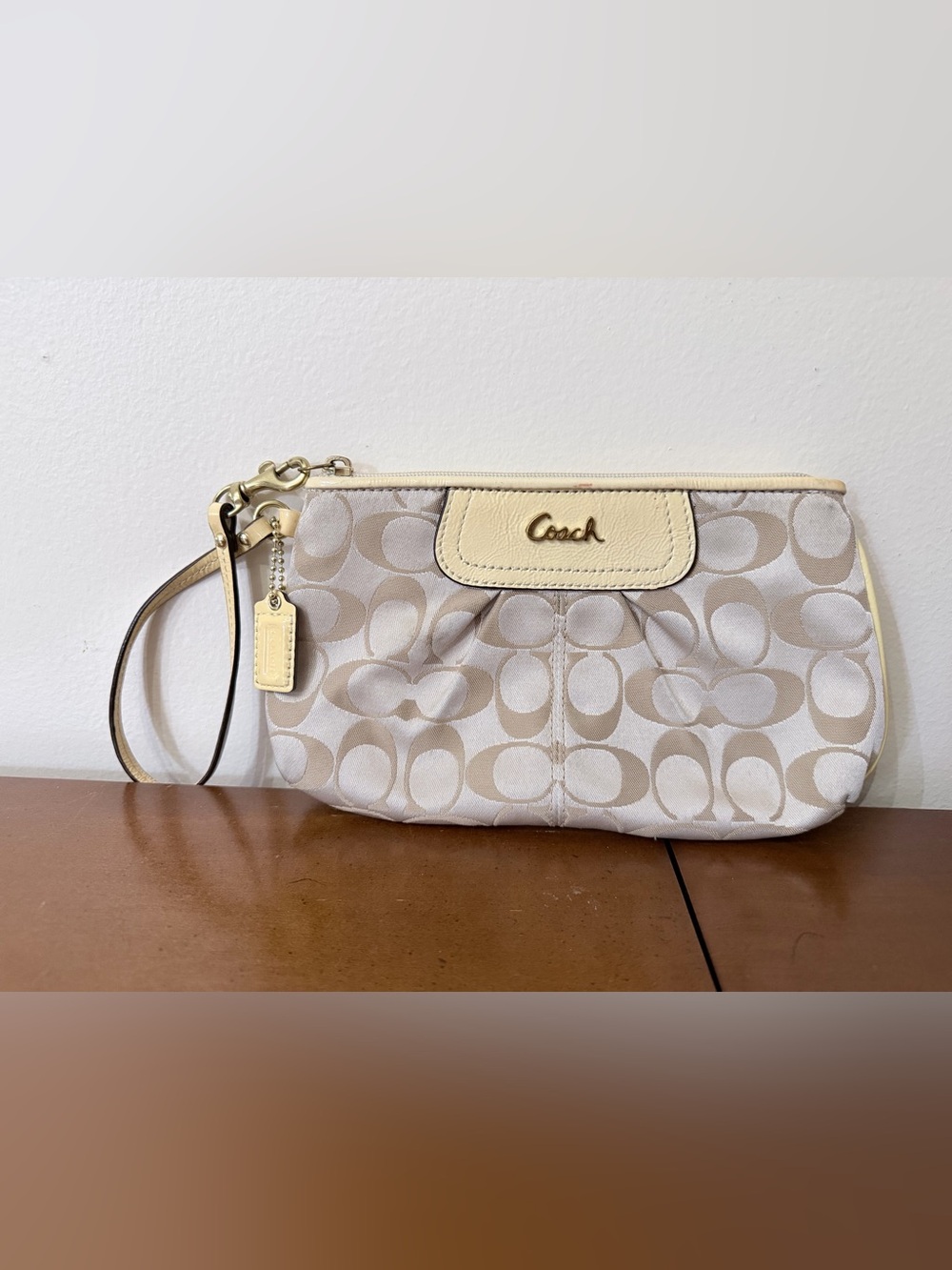 Y2K Coach Beige Butter Pastel Yellow CC Monogram Wristlet Clutch Wallet Bag